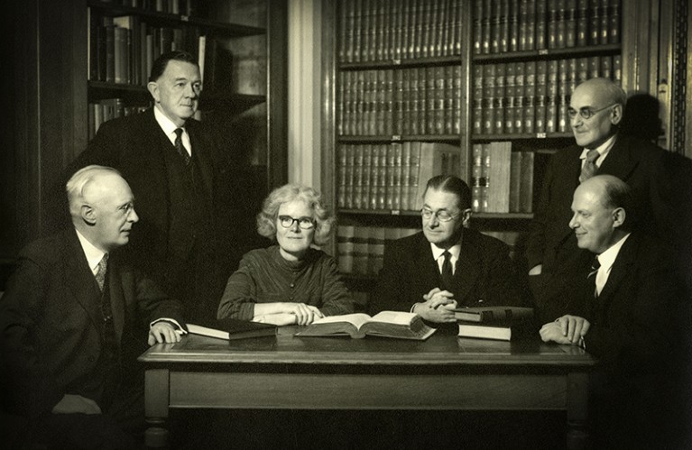 A 1957 photograph of members of the Royal Society, including Kathleen Lonsdale, one of the first female fellows