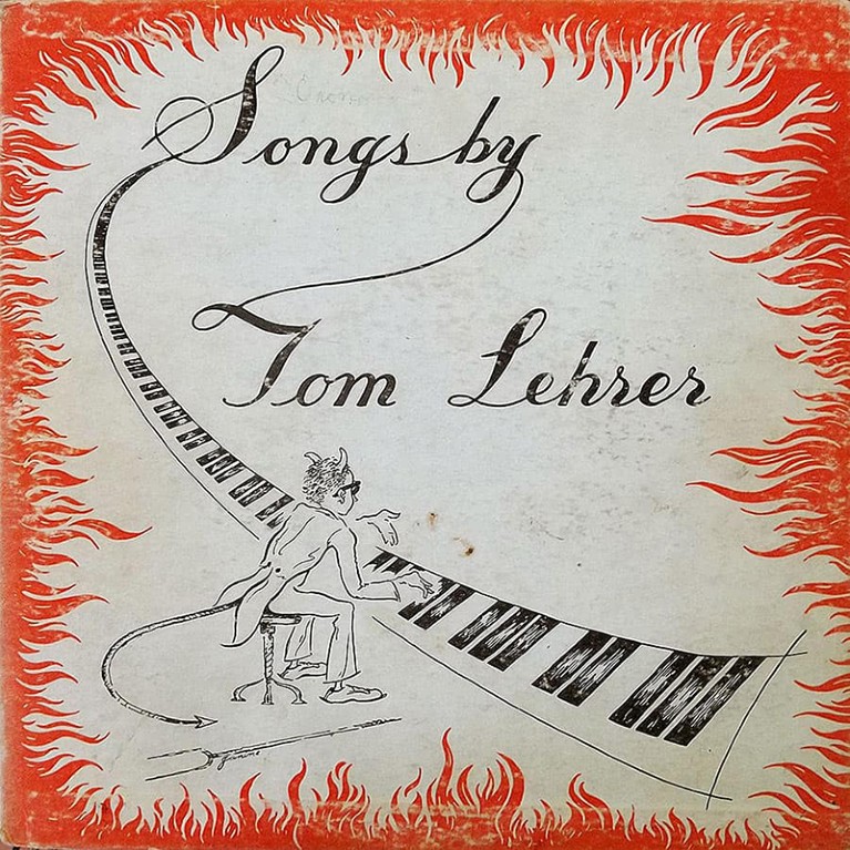 An album cover: 'Songs by Tom Lehrer' in a calligraphic font, over a drawing of a devil's playing the piano, framed in flames.