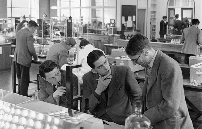 Students and professors working in the Physical Chemistry Laboratory at Oxford University in 1958