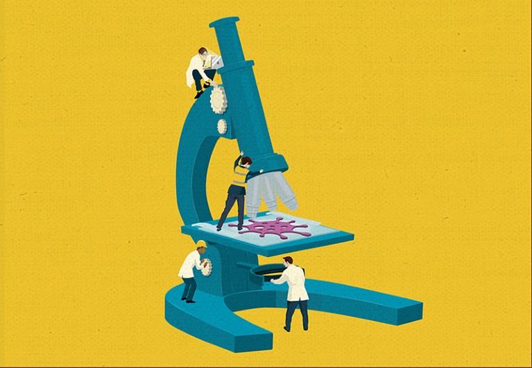 Artistic illustration of miniature scientists working with a microscope