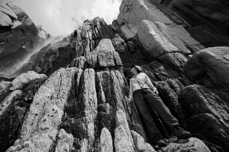 An ecologist climbs up a cliff to collect and study salamanders.