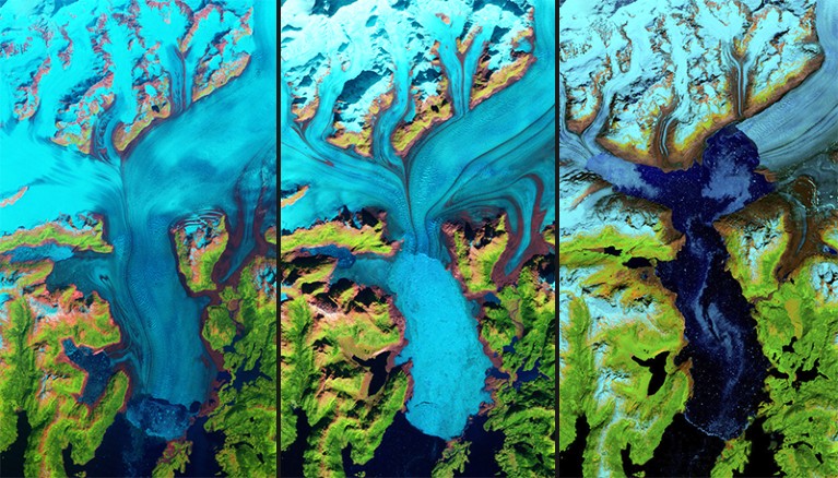 L-R - False colour Landsat images showing Columbia Glacier in 1986, 1999 and 2017.