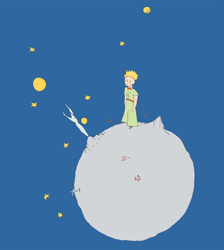 Cover image from 'Le Petit Prince': Illustration of a blonde boy in green standing on a tiny grey planet.