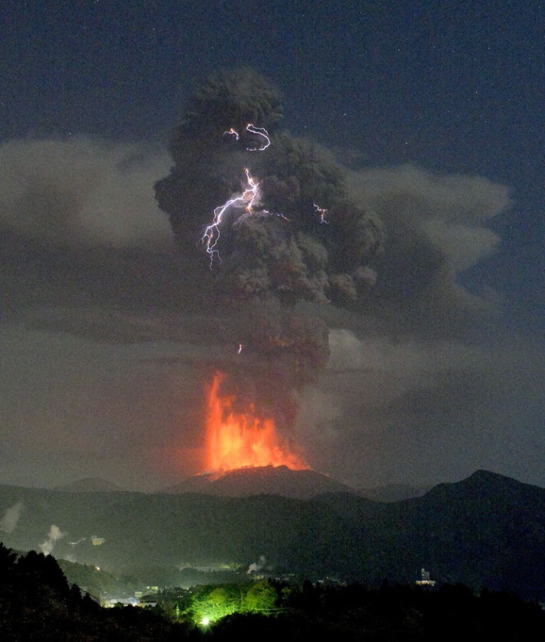 Volcanic lightning is seen above Shinmoedake peak in Japan on 5th April 2018.