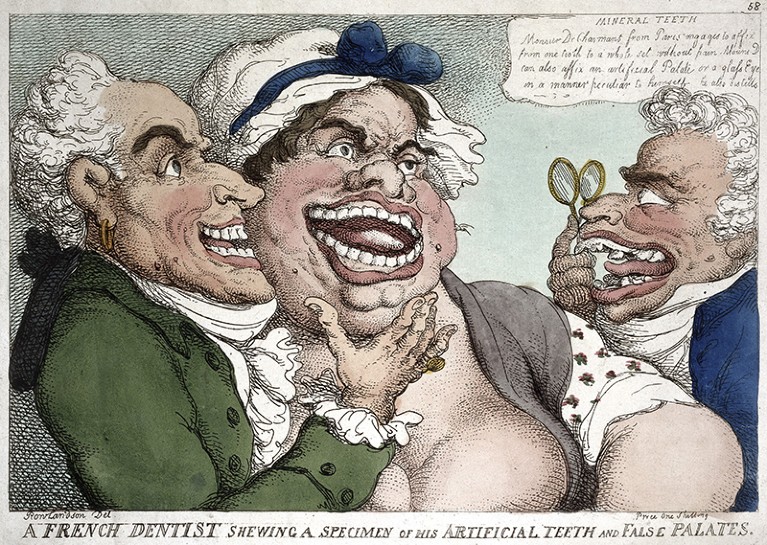 A dentist showing a specimen of his artificial teeth and false palates in an engraving by Thomas Rowlandson, 1811.