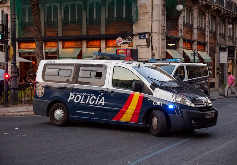 An armoured Cuerpo Nacional de Policia turns a corner during a routine patrol in Valencia in 2017.