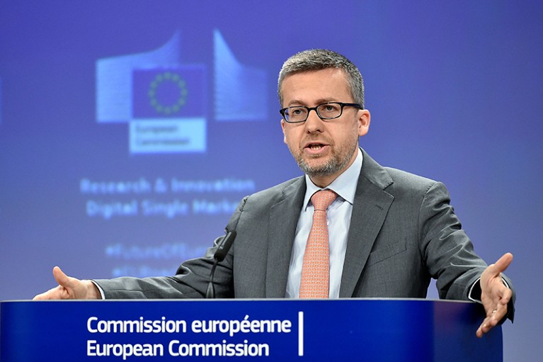 EU Commissioner of Research and Innovation Carlos Moedas gestures as he speaks at a conference on May 15th 2018.