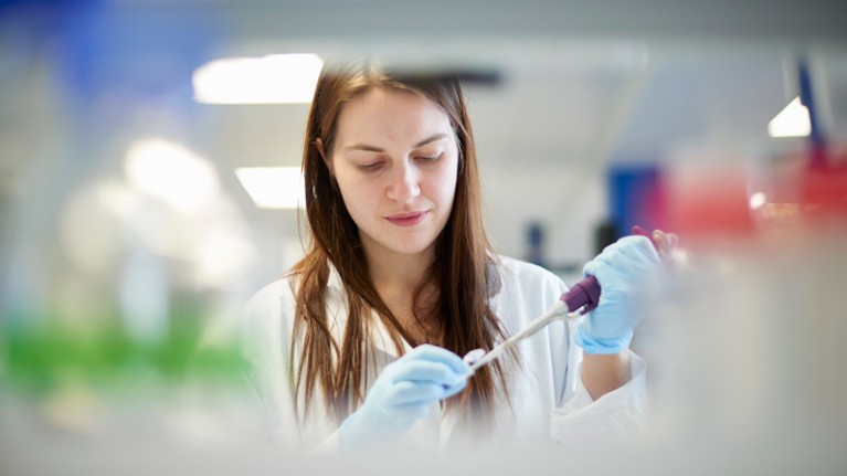 Female scientists pipetting in laboratory