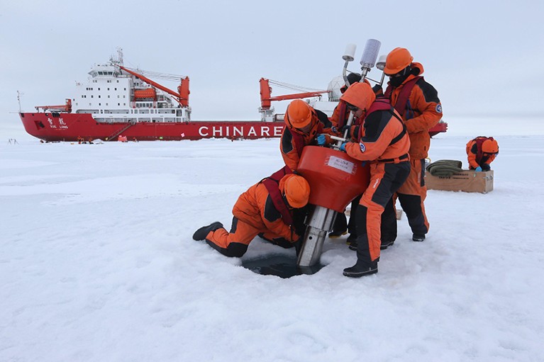 A Chinese research team collects data in the Arctic Ocea