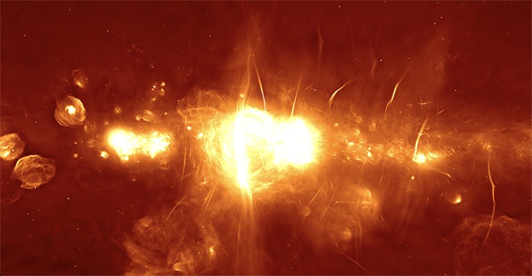 View of the central region of the galaxy based on MeerKAT observations. Brighter areas denote stronger signals.