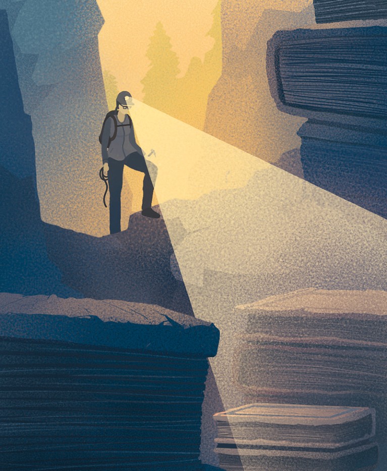 Illustration of a woman shining her head-torch into a cave filled with huge books.