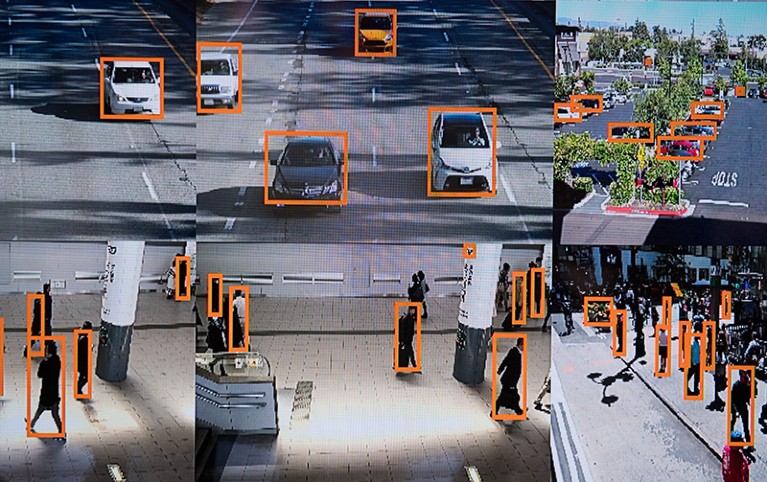 Multiple screens showcasing an AI vehicle and person recognition system. People and cars are outlined in orange boxes.