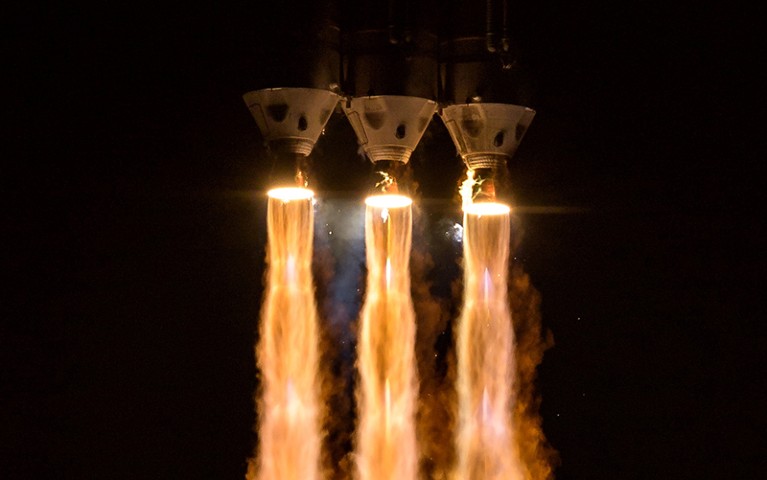 Fiery jets stream out of the three engines of ULA Delta IV rocket as it launches NASA’s Parker Solar Probe.