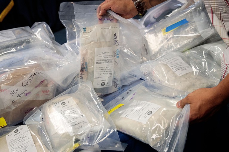 Bags of drugs bagged up by law enforcement agents