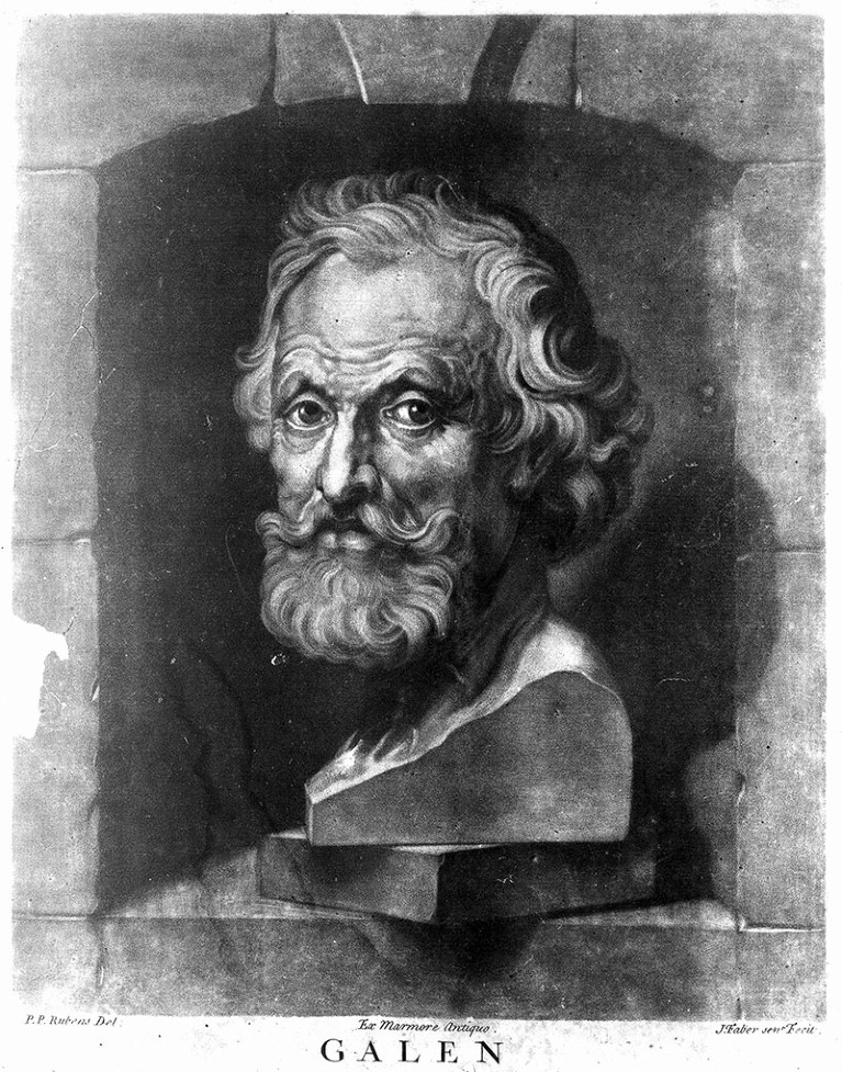 Black and white mezzotint of a bust of Galen set in a stone alcove.