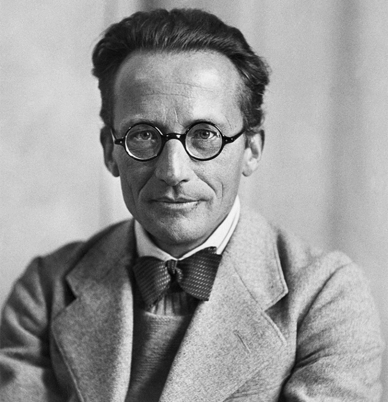 Black and white photo of Erwin Schrödinger, in glasses and bow tie, looking at the camera.