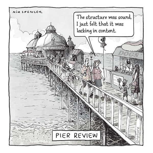 Cartoon showing a person criticizing a sea pier and captioned “Pier review”