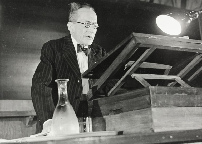 Erwin Schrödinger Giving a Lecture