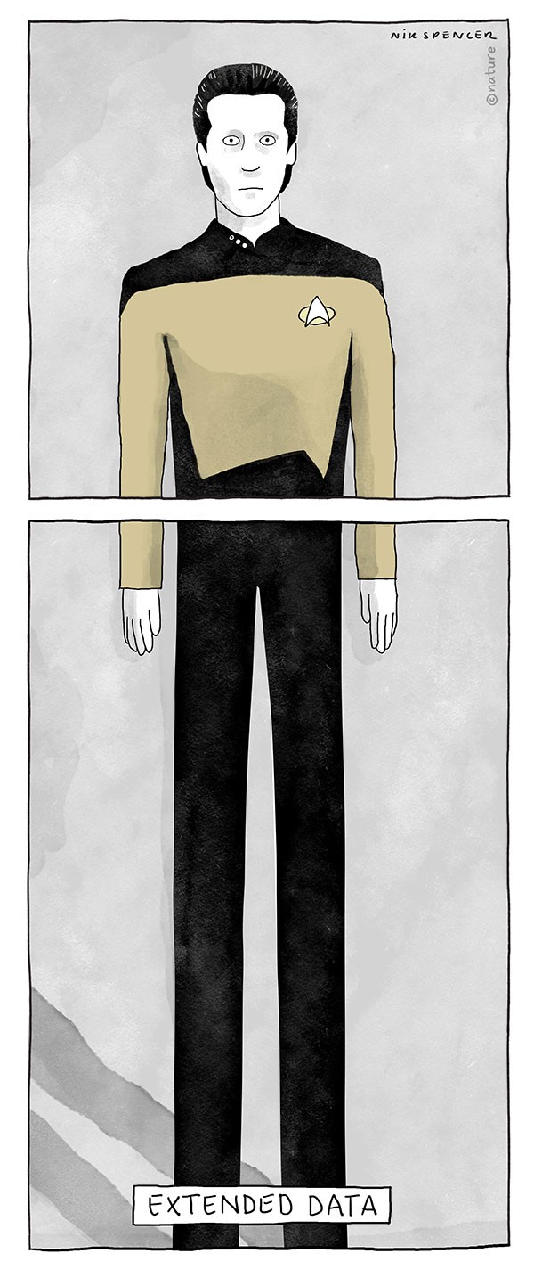 A very tall cartoon of Data from Star Trek, captioned “Extended Data”.
