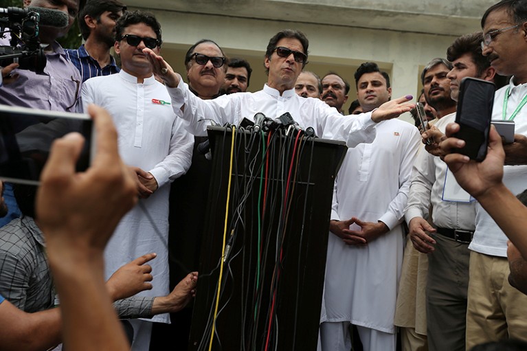 Cricket star-turned-politician Imran Khan after casting his vote during the general election in Pakistan in July.