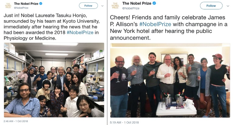 Tweets by the Nobel Prize showing the winners celebrating with colleagues, friends and families in their respective countries