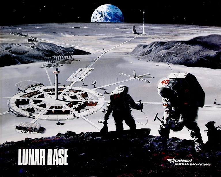 Poster of two astronauts digging on the moon. A spherical futuristic base with branching roads and the earth are in background