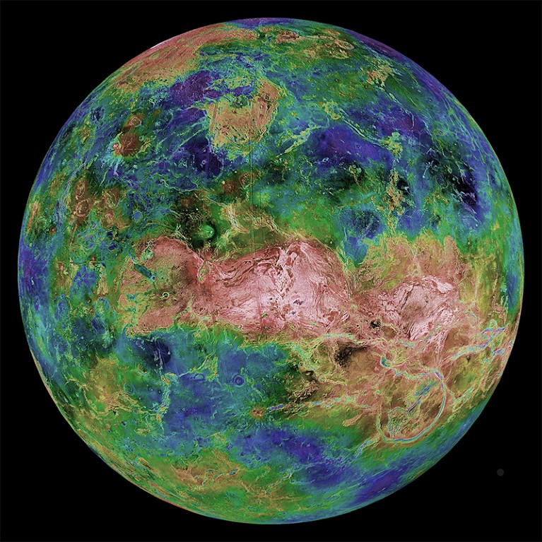 Colourful hemispheric view of Venus by Magellan.