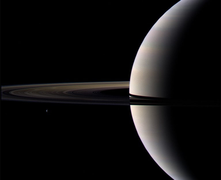 A softly glowing side of Saturn and rings imaged by Cassini