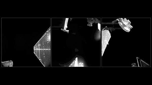 Trio of images as captured by the BepiColombo spacecraft, showing its deployed solar wing and antennas.