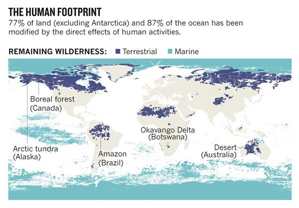 More than 77% of land (excluding Antarctica) and 87% of the ocean bear the fingerprints of human activity.