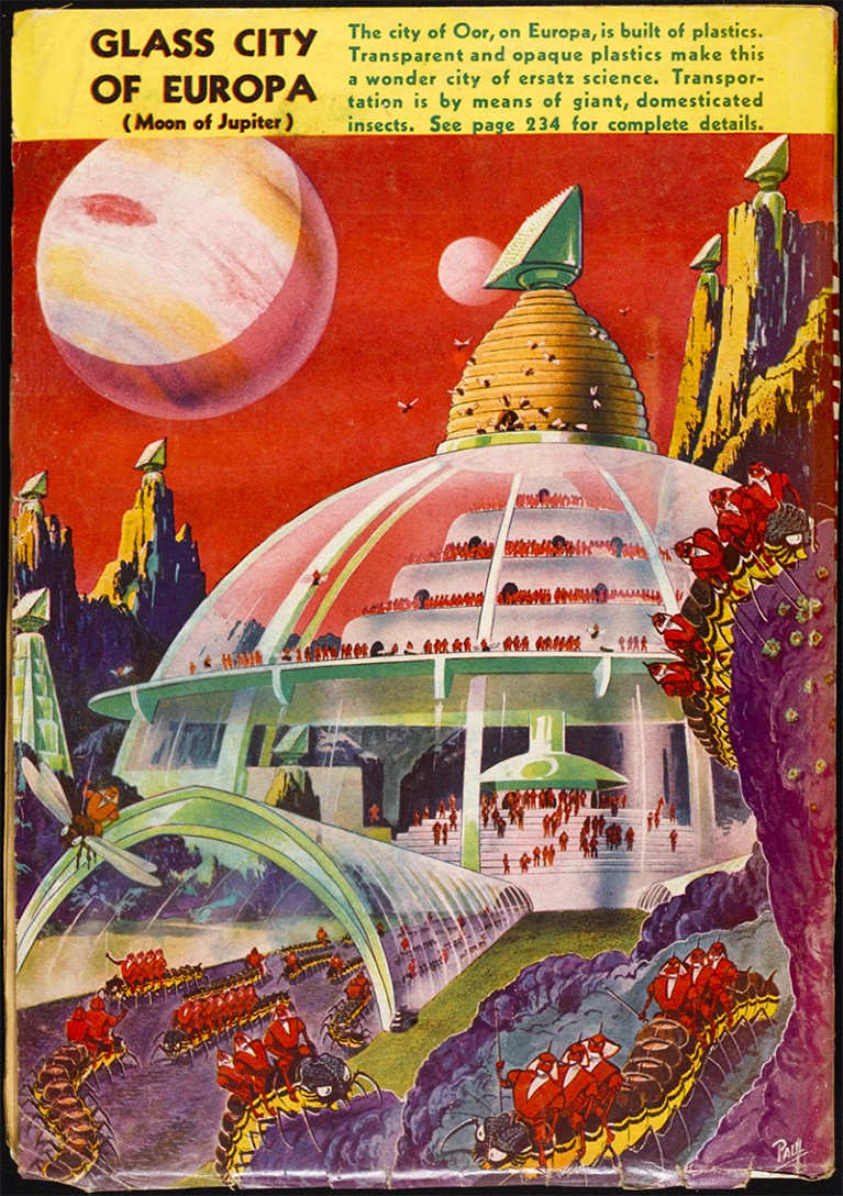 Colourful sci fi illustration showing soldiers riding beetle like creatures into a glass dome city on an alien planet