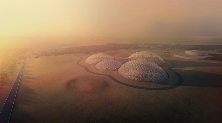 Visualisation of Mars City in Dubai - four interlocking see through domes in an arid desert landscape