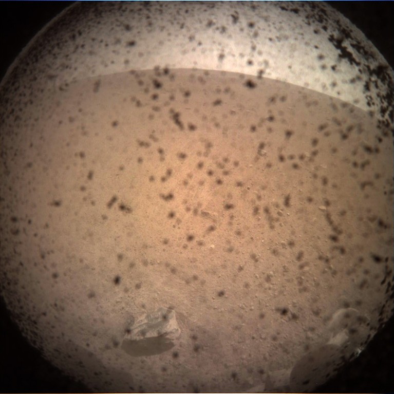 这是美国宇航局洞察号着陆器在火星表面拍摄的第一张照片
