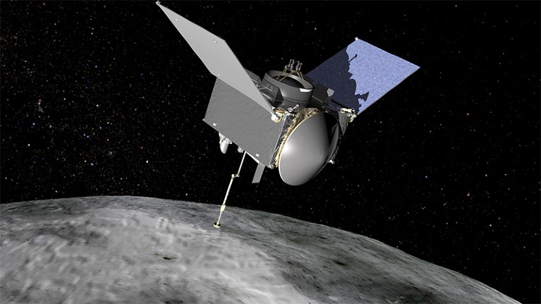 Illustration of the OSIRIS-REX spacecraft approaching the asteroid Bennu