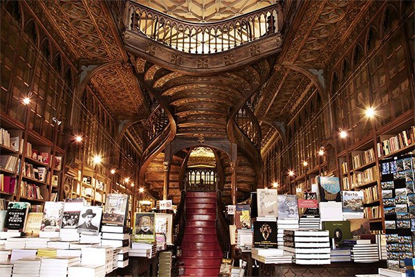 View of the interior of an ornate wooden bookshop