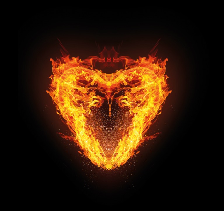 Artistic illustration of a heart composed of flames
