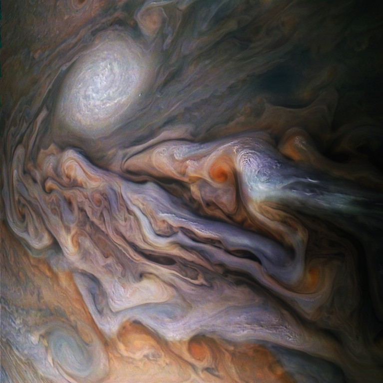 Swirling clouds in Jupiter's dynamic North Temperate Belt.