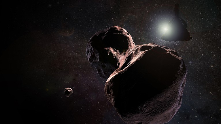 Illustration of NASA’s New Horizons spacecraft encountering the Kuiper Belt object nicknamed Ultima Thule