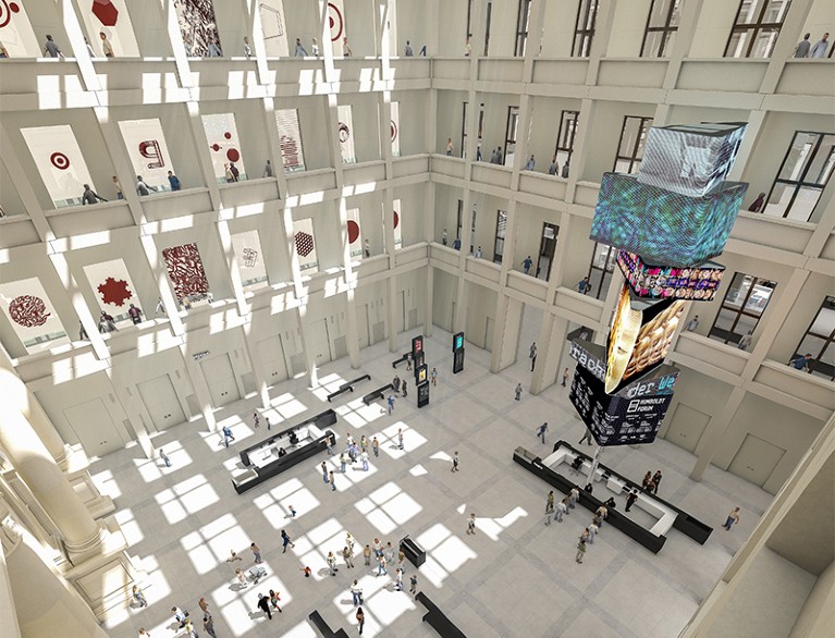 Artistic rendering of the Stiftung Humboldt Forum foyer, currently under construction in Berlin