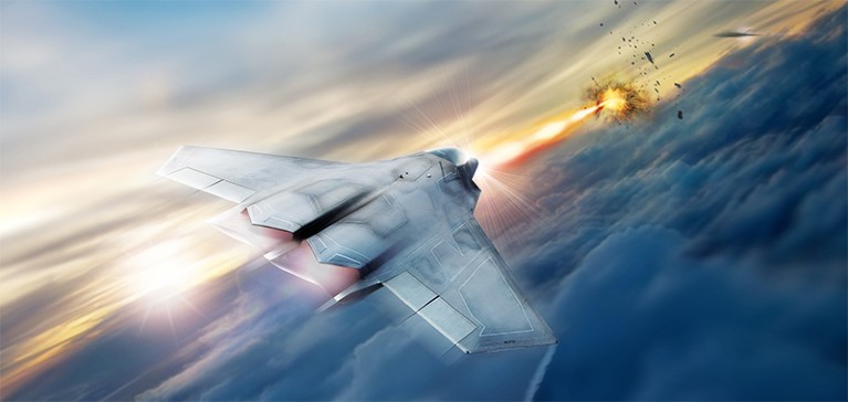 Artist’s concept of a high energy laser on a US Airforce fighter jet.