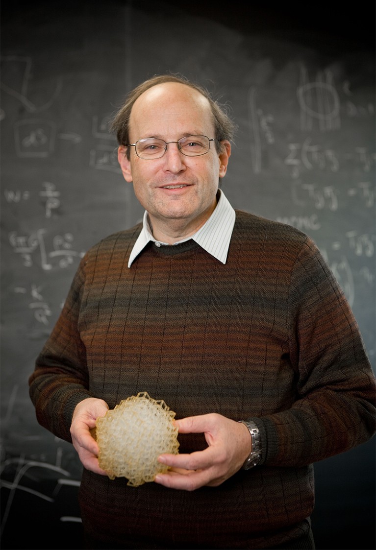 Paul J. Steinhardt holding a quasicrystal model in front of a blackboard