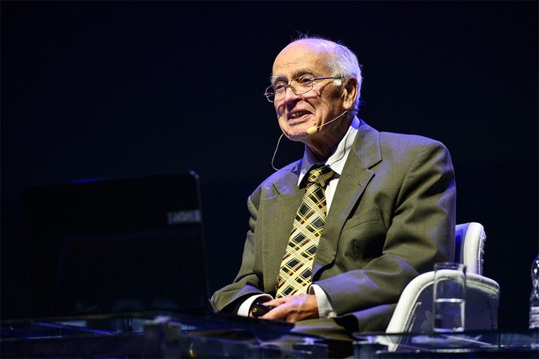 Michael Atiyah lecturing at the 2018 International Congress of Mathematics on Aug 6th