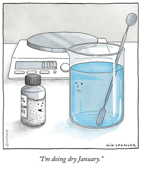 Cartoon showing vial of potassium phosphate saying “I’m doing dry January” to a beaker of copper sulphate