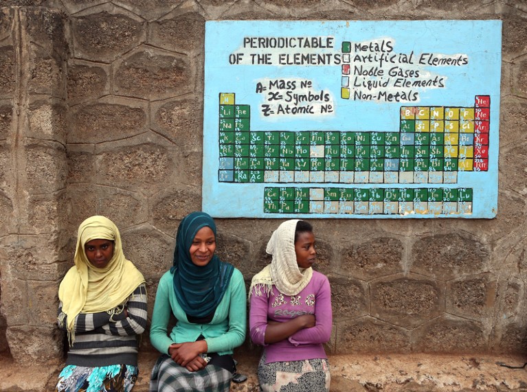 Ethiopian secondary school students sit under a periodic table of elements