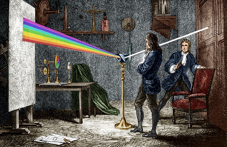 Engraving of Isaac Newton performing an experiment: a ray of white light enters a prism and is split into a rainbow.