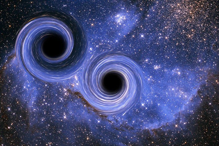 The merger of two black holes, a phenomenon that creates gravitational waves.