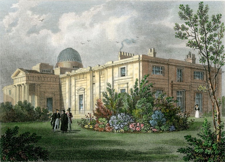 Illustration of a white, Georgian-style stone building with a dome, in a botanical garden.