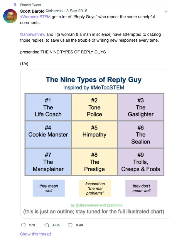 Tweet showing a chart inspired by #MeTooSTEM and #WomeninSTEM showing the Nine Types of Reply Guy