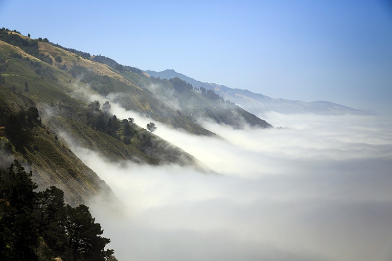 Pacific ocean fog fills the coastal valleys on Big Sur, California