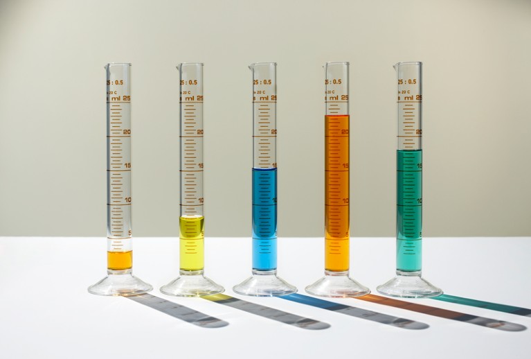 Bar chart made of measuring cylinders filled with different amounts of varied coloured liquids